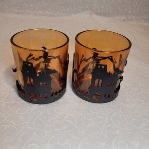 Kohl's Halloween Witch House Scene Metal and Glass Votive Holder Set of 2